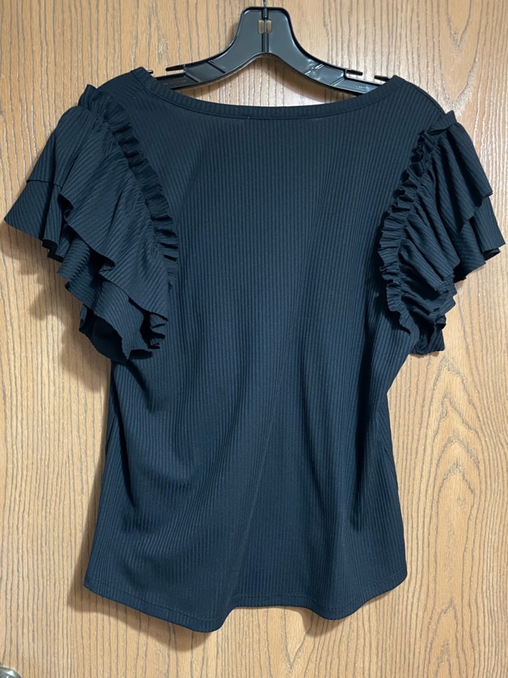 Black Ruffle Sleeve Top with Ribbed Texture - Picture 2 of 4